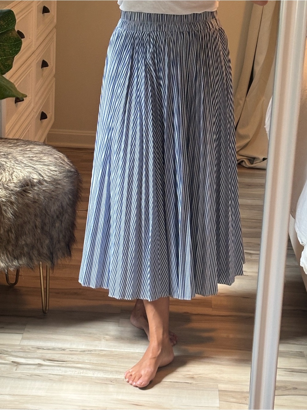 J. Crew Navy and White Striped Pleated Midi Skirt